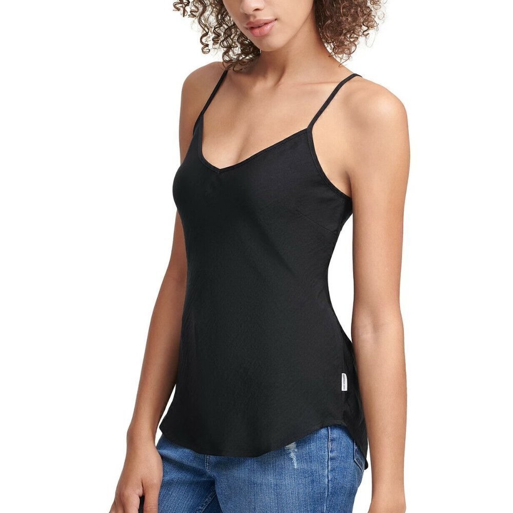JR224 Calvin Klein Jeans Black Charmeuse V-Neck Top Size XL